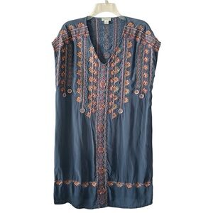 Sundance Petite Embroidered V-Neck Short Sleeve Dress Pockets